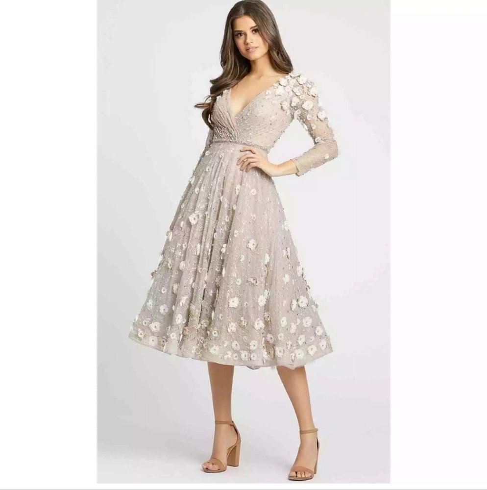 Mac Duggal Floral Embellished Midi Dress in Cream